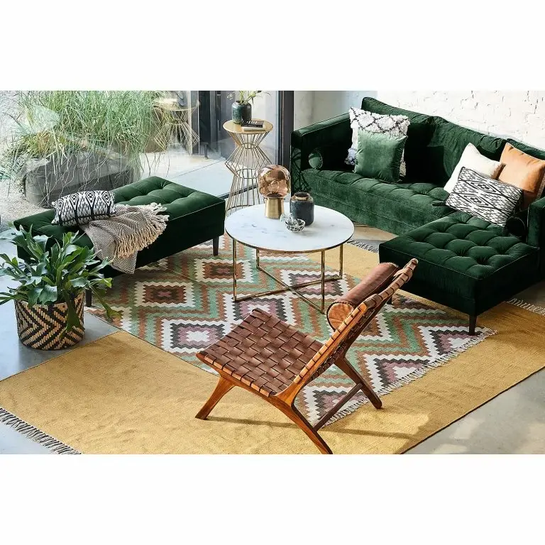 Loftscape Eva Padberg Collection Canapé D’angle LAONA – Velours Pauno: Vert Foncé – Méridienne Courte à Droite (vue De Face) – Avec Repose-pieds