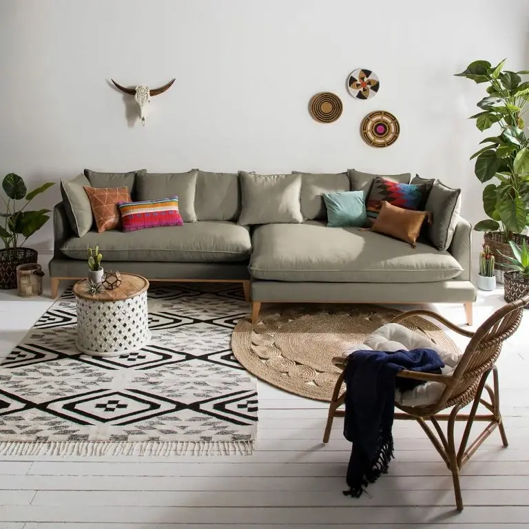 Loftscape Eva Padberg Collection Canapé D’angle XL Lavina – Tissu Moretey : Cappuccino – Méridienne Longue à Droite (vue De Face)