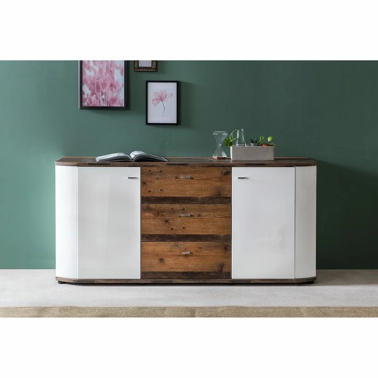 Loftscape Fredriks Buffet Karlsburg – Blanc Brillant / Imitation Bois Recyclé