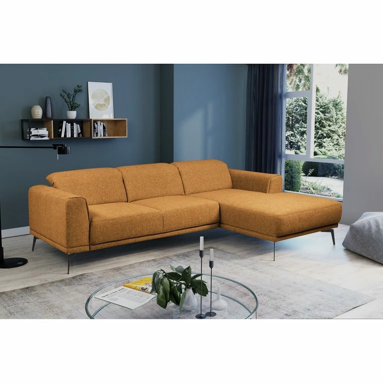 Loftscape Fredriks Canapé D‘angle Basin I – Tissu – Jaune Moutarde – Méridienne Courte à Droite (vue De Face)