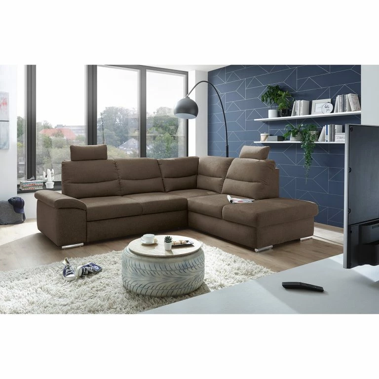 Loftscape Fredriks Canapé D’angle Caldwell – Tissu – Tissu Roge: Espresso – Méridienne Longue à Droite (vue De Face)