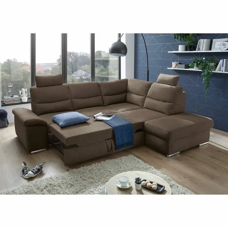 Loftscape Fredriks Canapé D’angle Caldwell – Tissu – Tissu Roge: Espresso – Méridienne Longue à Droite (vue De Face)