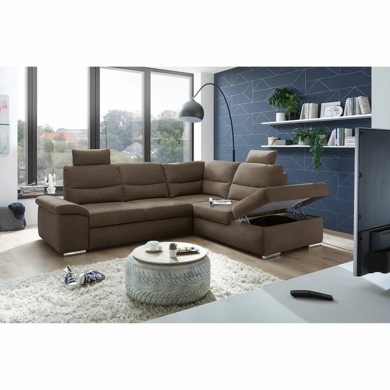 Loftscape Fredriks Canapé D’angle Caldwell – Tissu – Tissu Roge: Espresso – Méridienne Longue à Droite (vue De Face)