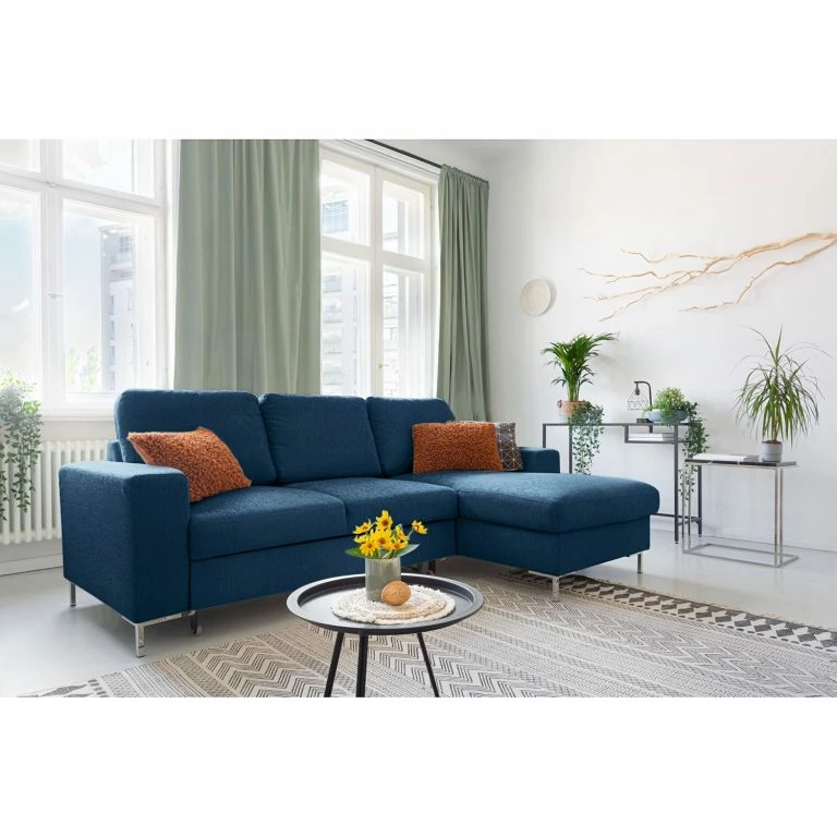 Loftscape Fredriks Canapé D’angle Fiesta I – Tissu Structuré – Bleu Jean – Méridienne Courte à Droite (vue De Face) – Avec Fonction Couchage