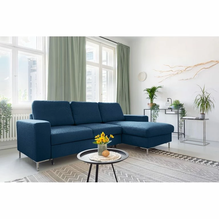 Loftscape Fredriks Canapé D’angle Fiesta I – Tissu Structuré – Bleu Jean – Méridienne Courte à Droite (vue De Face) – Avec Fonction Couchage