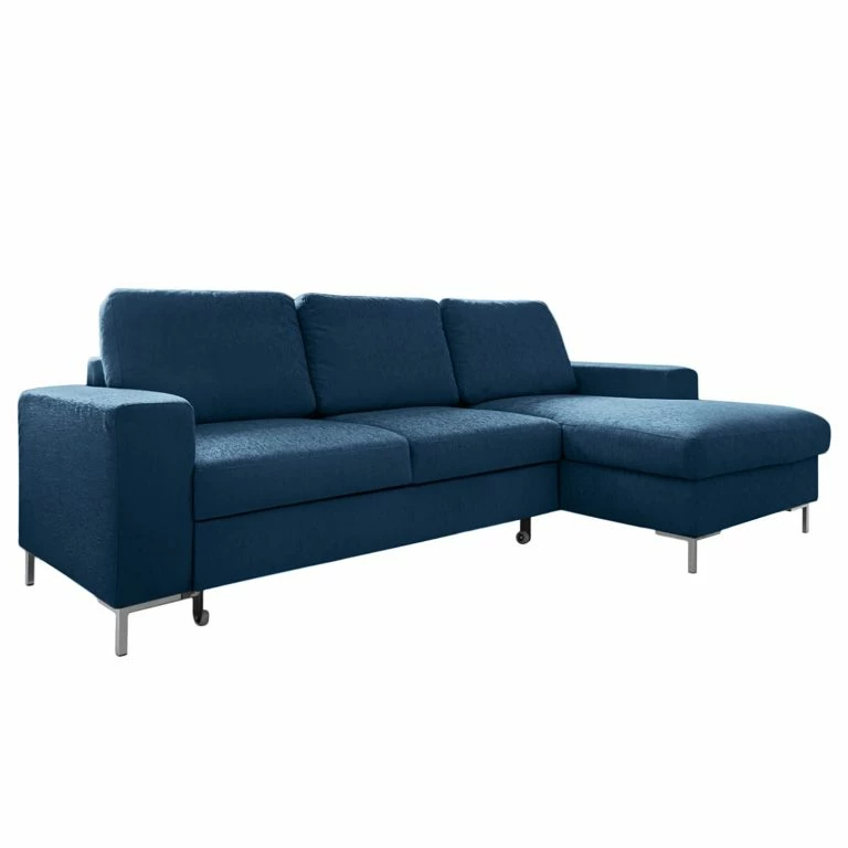loftscape Fredriks Canapé d’angle Fiesta I – Tissu structuré – Bleu jean – Méridienne courte à droite (vue de face) – Avec fonction couchage