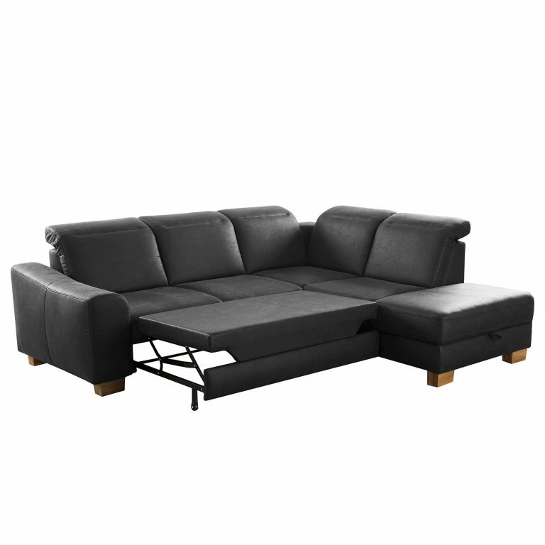 Loftscape Fredriks Canapé D’angle Kikuu – Microfibre – Microfibre Taeko: Noir – Méridienne Longue à Droite (vue De Face) – Avec Fonction Couchage