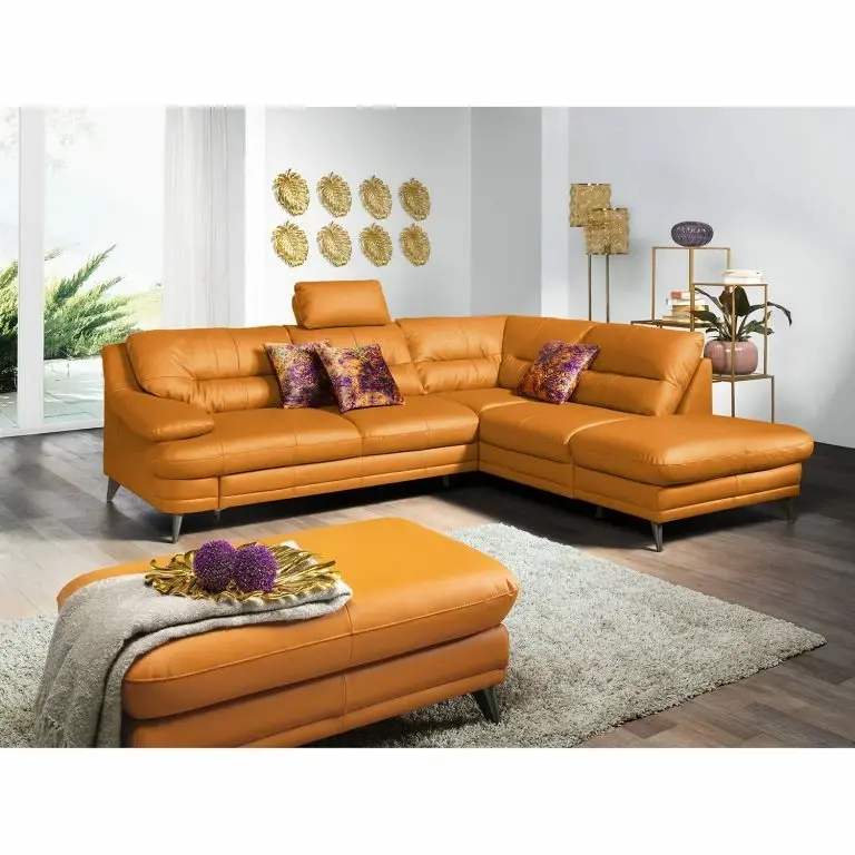 Loftscape Fredriks Canapé D’angle Lutz II – Cuir Véritable – Marron Doré – Méridienne Longue à Droite (vue De Face)