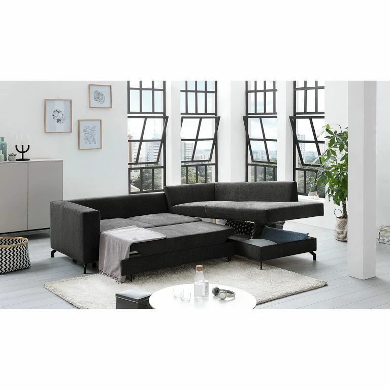 Loftscape Fredriks Canapé D’angle Manso – Tissu – Noir – Méridienne Longue à Droite (vue De Face) – Fonction Couchage – Coffre De Lit