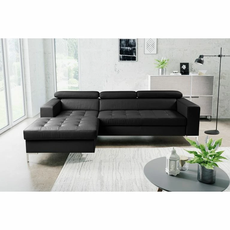 Loftscape Fredriks Canapé D’angle Much Dewchurch – Cuir Véritable – Cuir Mabra: Noir – Méridienne Courte à Gauche (vue De Face)