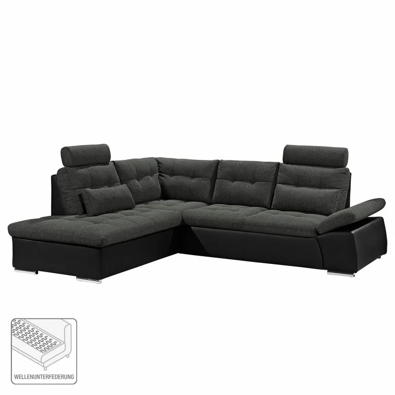 Loftscape Fredriks Canapé D’angle Puntiro (convertible) – Cuir Synthétique Lilo / Tissu Structuré Satur: Noit / Anthracite – Méridienne Longue à Gauche (vue De Face)