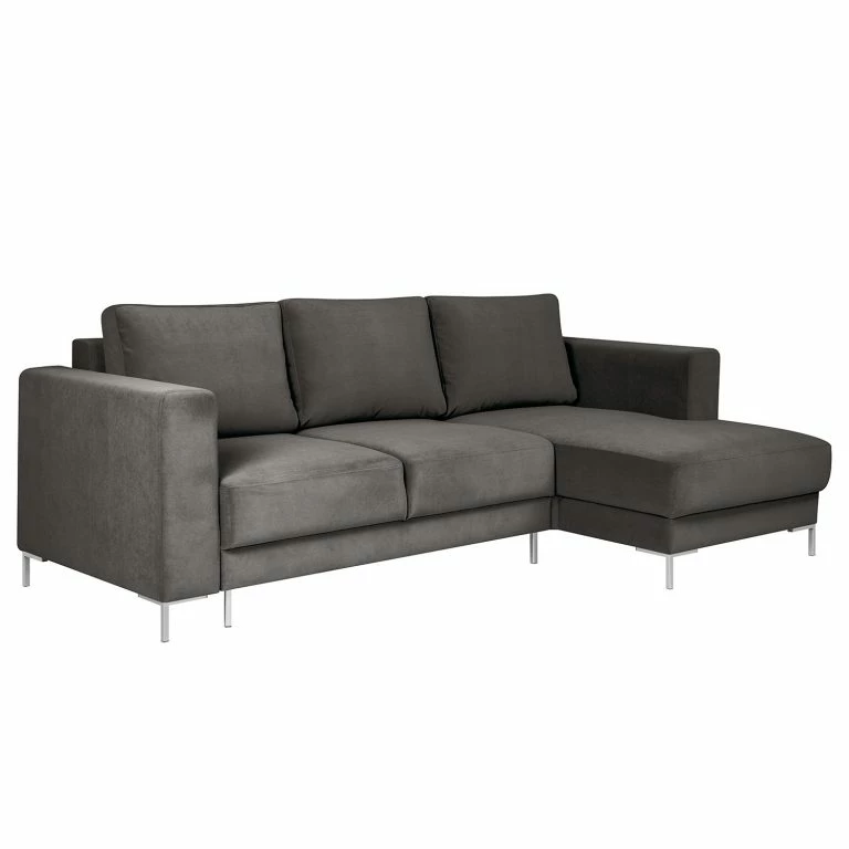 loftscape Fredriks Canapé d’angle Summer – Velours Vaia: Gris foncé – Méridienne courte à droite (vue de face) – Avec fonction couchage