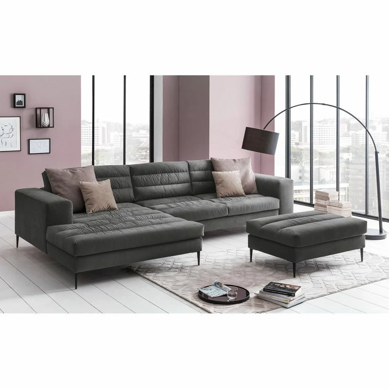 Loftscape Fredriks Canapé D’angle Valmorel – Tissu – Microfibre Knarik: Gris Foncé – Méridienne Courte à Gauche (vue De Face) – Avec Repose-pieds