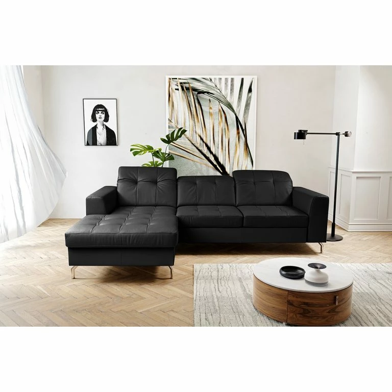 Loftscape Fredriks Canapé D’angle White Pine – Cuir Véritable – Cuir Mabra: Noir – Méridienne Courte à Gauche (vue De Face)