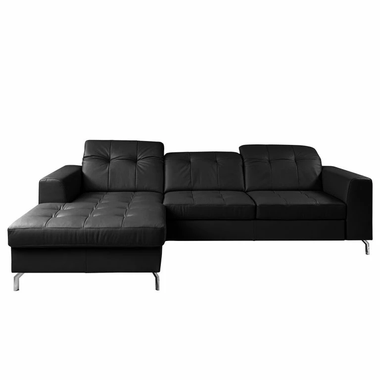 loftscape Fredriks Canapé d’angle White Pine – Cuir véritable – Cuir Mabra: Noir – Méridienne courte à gauche (vue de face)