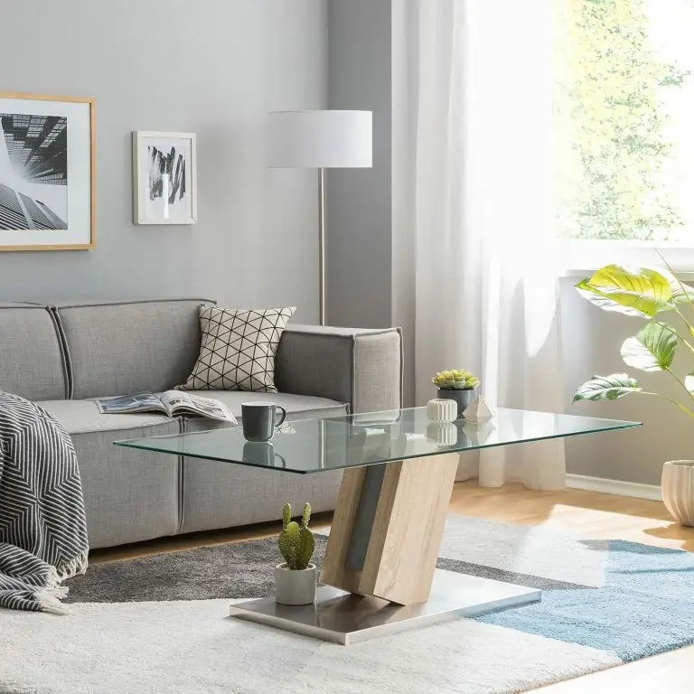 Loftscape Fredriks Table Basse Bleik – Verre De Sécurité / Acier Inoxydable – Imitation Chêne / Argenté