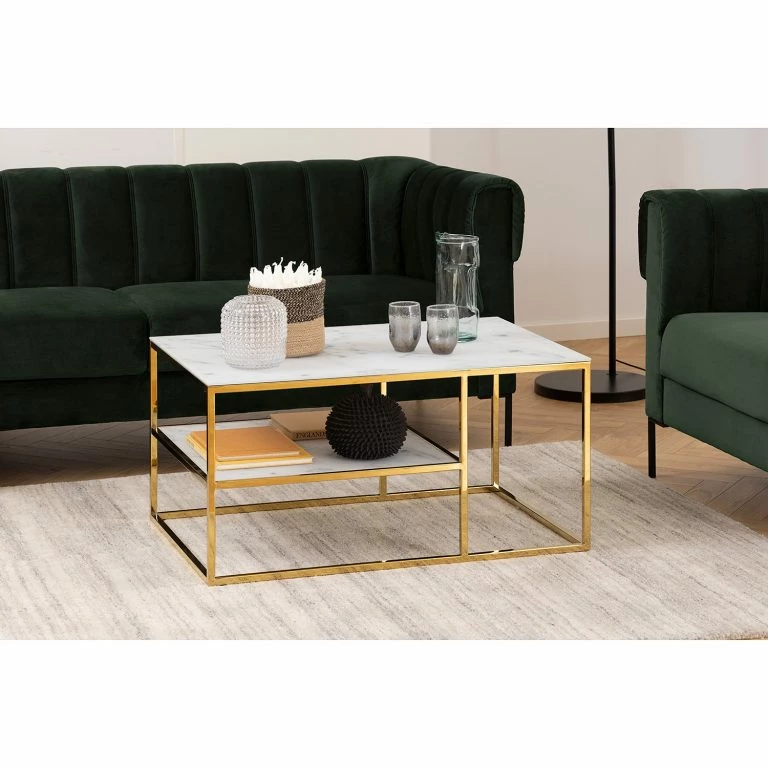 Loftscape Fredriks Table Basse Katori VII – Verre / Métal – Imitation Marbre Blanc / Doré