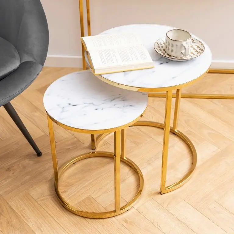 Loftscape Fredriks Tables Gigognes Katori II (lot De 2) – Verre / Métal – Imitation Marbre Blanc / Doré