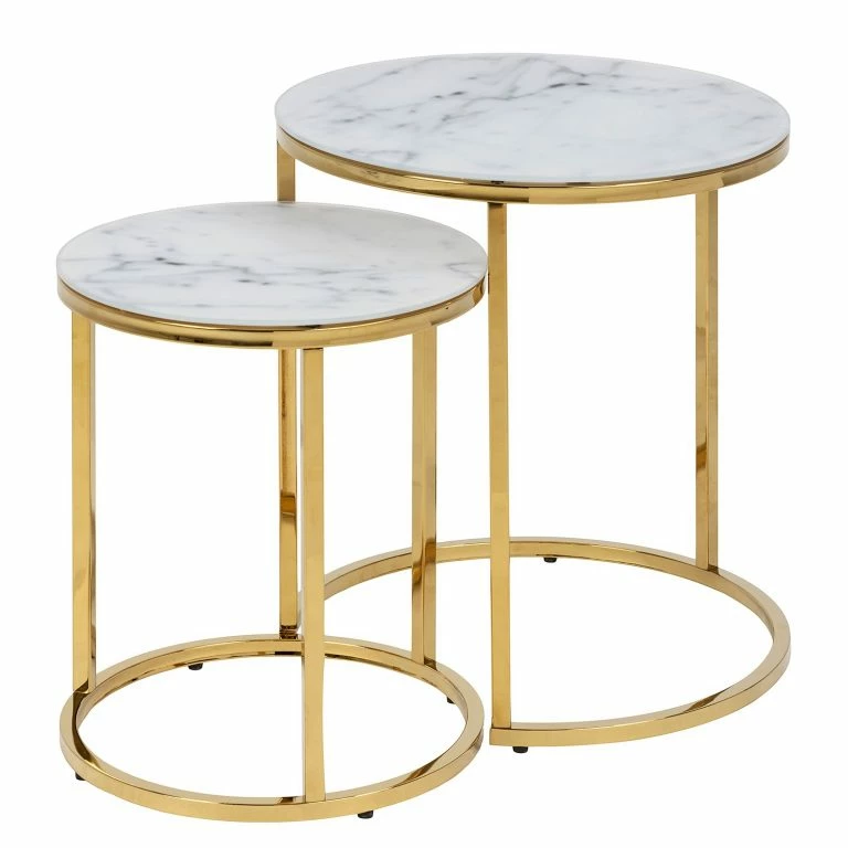 loftscape Fredriks Tables gigognes Katori II (lot de 2) – Verre / Métal – Imitation marbre blanc / Doré