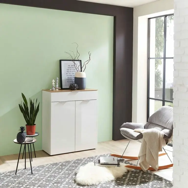 Loftscape Germania Buffet étroit Cetano – Blanc Brillant / Imitation Chêne De Navarre