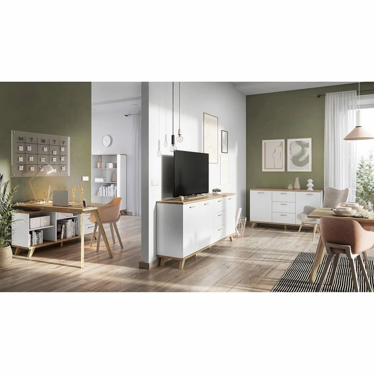 Loftscape Germania Buffet Neston I – Partiellement En Chêne Massif – Blanc Mat / Imitation Chêne De Sanremo