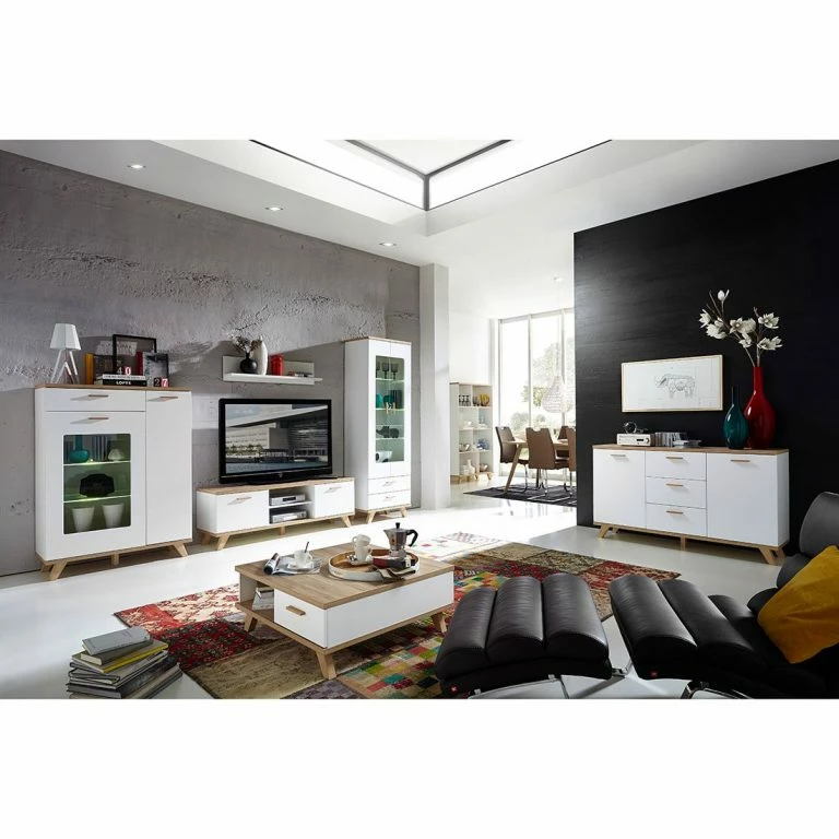 Loftscape Germania Buffet Neston I – Partiellement En Chêne Massif – Blanc Mat / Imitation Chêne De Sanremo