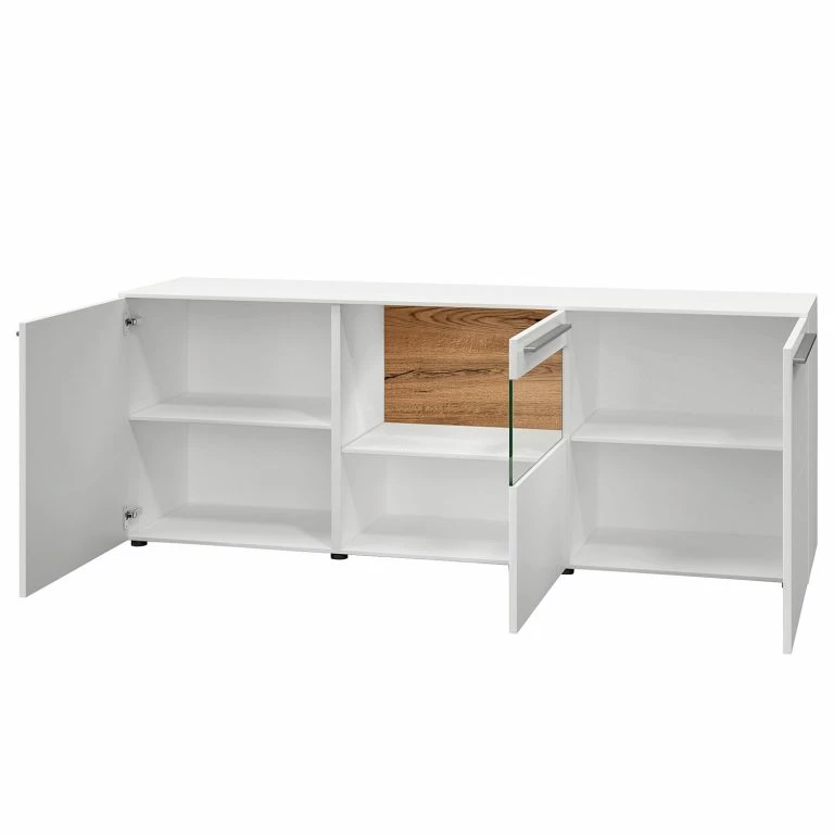 Loftscape GWINNER Buffet Bellano III – Placage En Bois Véritable – Mat Blanc / Chêne De Poutre – Avec éclairage