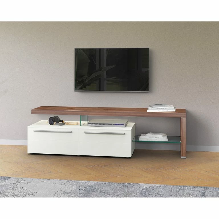 Loftscape GWINNER Meuble TV Bellano I – Placage En Bois Véritable – Mat Blanc / Noyer Ramageux – Alignement à Droite – Sans éclairage