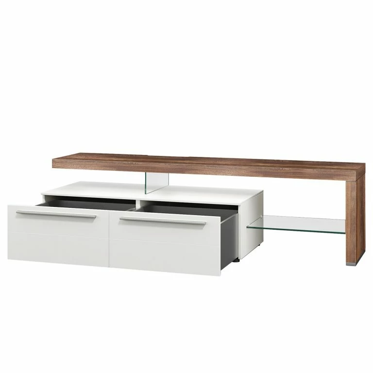 Loftscape GWINNER Meuble TV Bellano I – Placage En Bois Véritable – Mat Blanc / Noyer Ramageux – Alignement à Droite – Sans éclairage