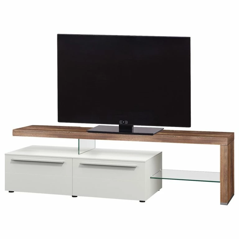 loftscape GWINNER Meuble TV Bellano I – Placage en bois véritable – Mat blanc / Noyer ramageux – Alignement à droite – Sans éclairage