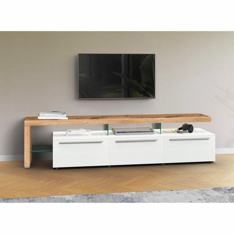 Loftscape GWINNER Meuble TV Bellano II – Placage En Bois Véritable – Mat Blanc / Chêne De Poutre – Alignement à Gauche – Avec éclairage