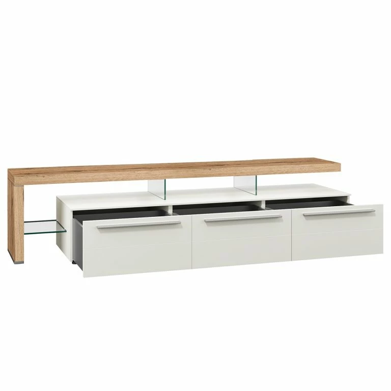 Loftscape GWINNER Meuble TV Bellano II – Placage En Bois Véritable – Mat Blanc / Chêne De Poutre – Alignement à Gauche – Avec éclairage