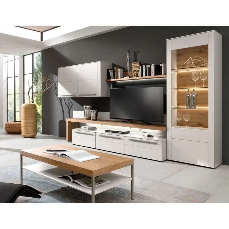 Loftscape GWINNER Meuble TV Bellano II – Placage En Bois Véritable – Mat Blanc / Chêne De Poutre – Alignement à Gauche – Avec éclairage