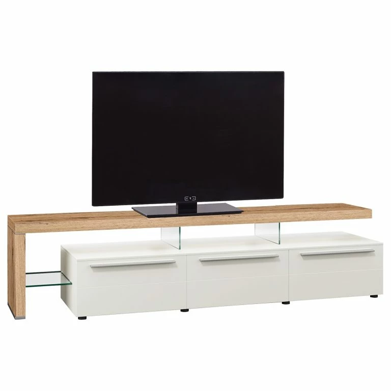 loftscape GWINNER Meuble TV Bellano II – Placage en bois véritable – Mat blanc / Chêne de poutre – Alignement à gauche – Avec éclairage