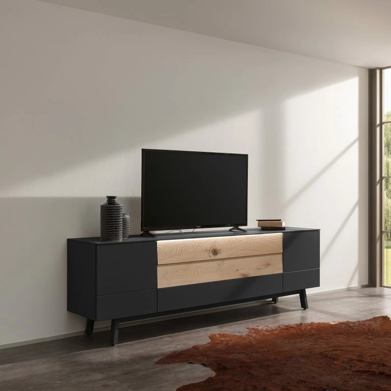 Loftscape GWINNER Meuble TV Misano – Placage En Bois Véritable – Gris Sahara / Planches De Chêne – Anthracite / Chêne Sauvage – Avec éclairage