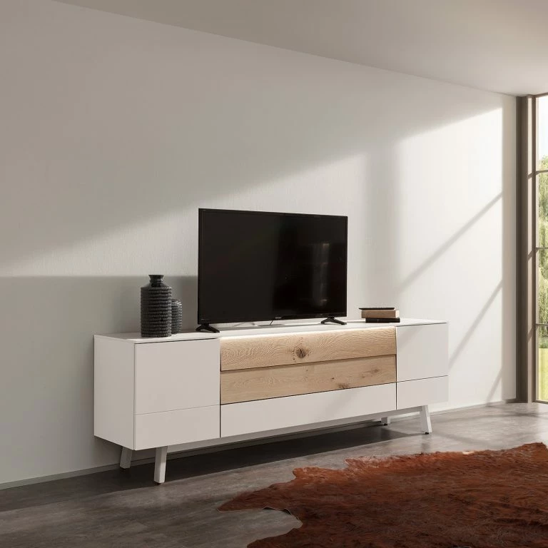 Loftscape GWINNER Meuble TV Misano – Placage En Bois Véritable – Gris Sahara / Planches De Chêne – Blanc / Chêne Sauvage – Sans éclairage