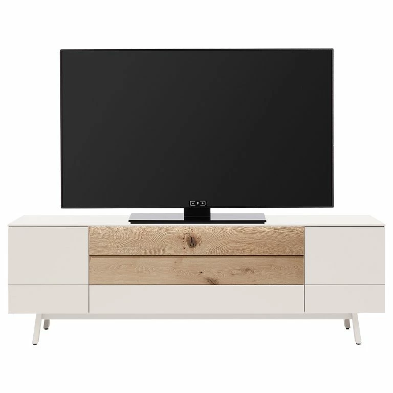 loftscape GWINNER Meuble TV Misano – Placage en bois véritable – Gris Sahara / Planches de chêne – Blanc / Chêne sauvage – Sans éclairage