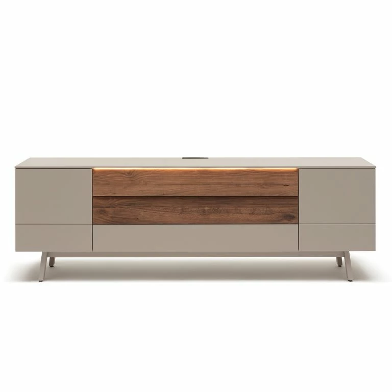 Loftscape GWINNER Meuble TV Misano – Placage En Bois Véritable – Gris Sahara / Planches De Chêne – Gris Sahara / Poutres En Chêne – Avec éclairage