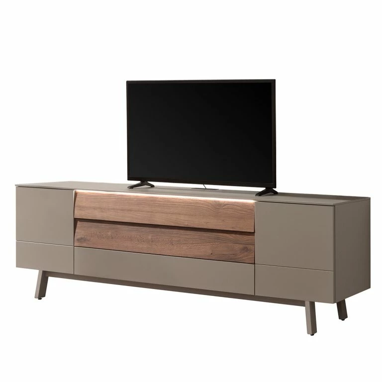 loftscape GWINNER Meuble TV Misano – Placage en bois véritable – Gris Sahara / Planches de chêne – Gris Sahara / Poutres en chêne – Avec éclairage