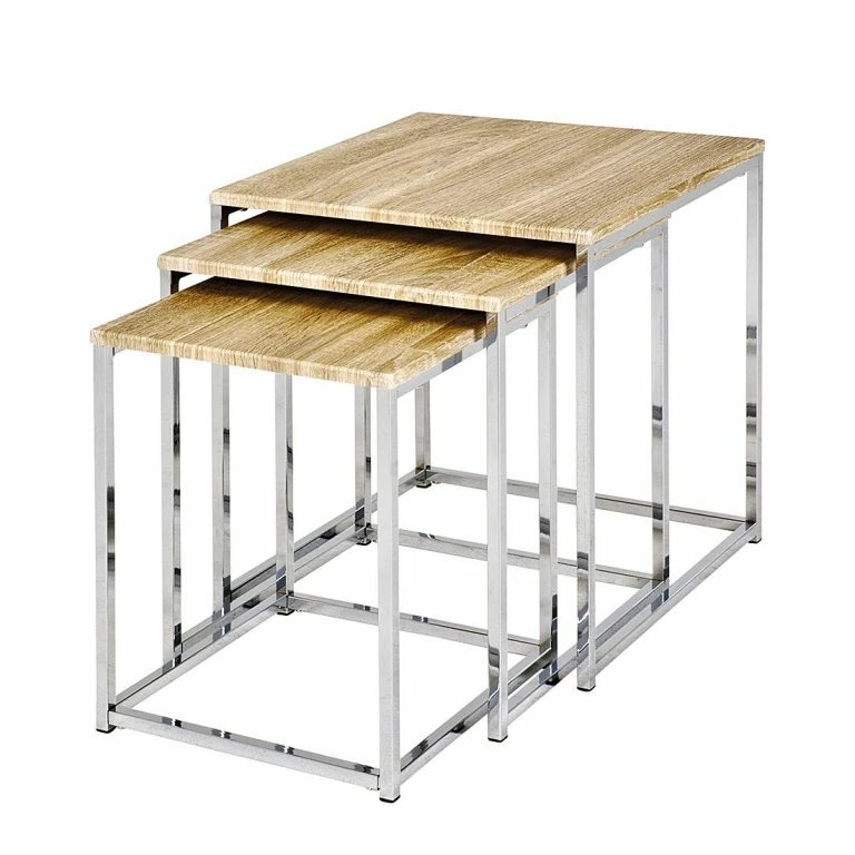 loftscape Home Design Tables gigognes Robby (lot de 3) – Chrome / Imitation chêne clair