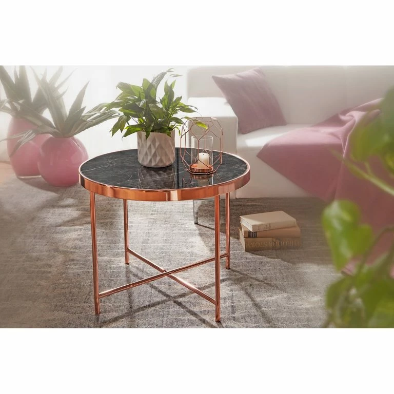 Loftscape Jack & Alice Bout De Canapé Cushina – Verre / Métal – Imitation Marbre Noir / Cuivre