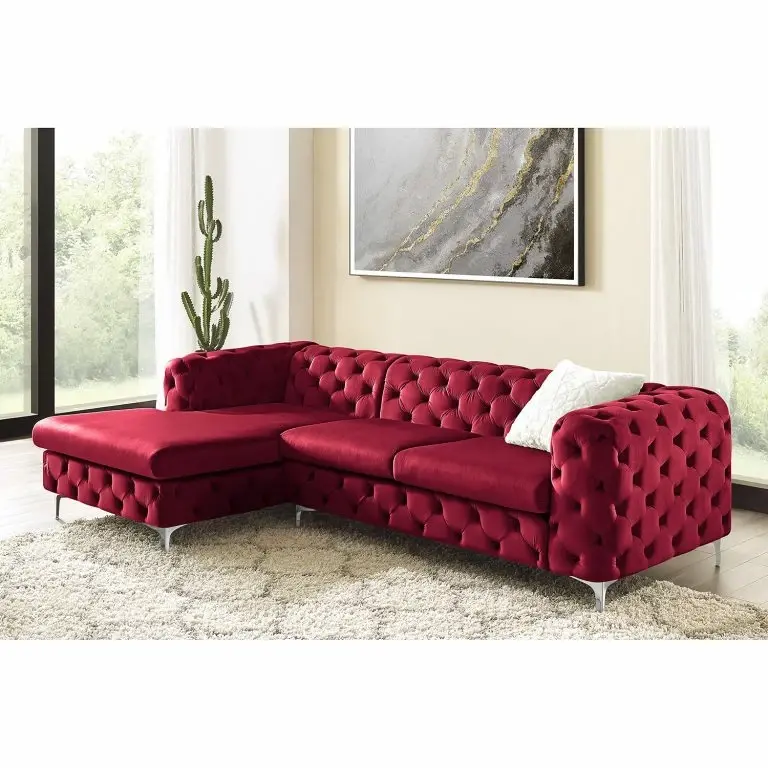 Loftscape Jack & Alice Canapé D’angle Leominster – Velours – Bordeaux – Méridienne Longue à Gauche (vue De Face)