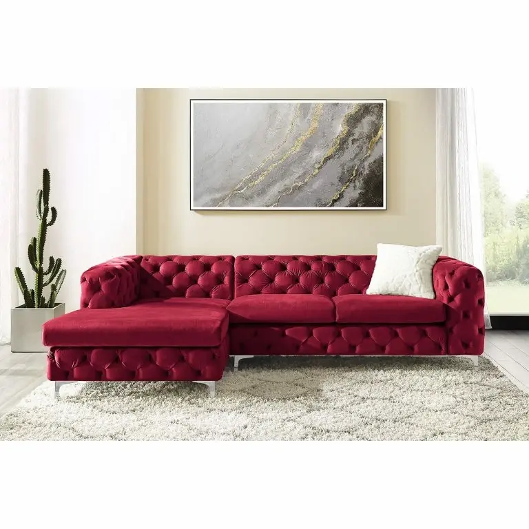Loftscape Jack & Alice Canapé D’angle Leominster – Velours – Bordeaux – Méridienne Longue à Gauche (vue De Face)