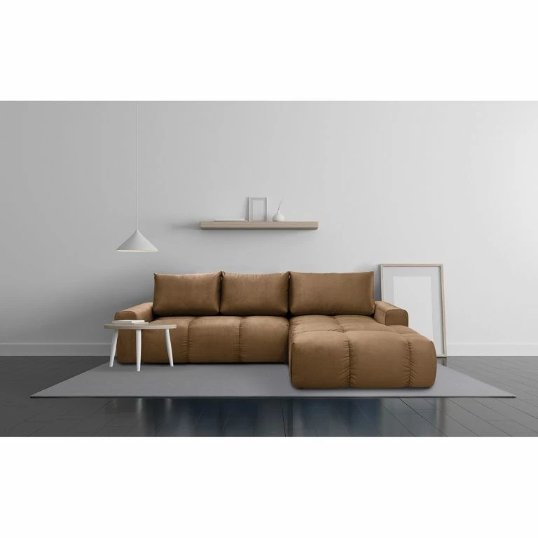 Loftscape Jack & Alice Canapé D’angle Saint Veep – Velours – Velours Onoli: Beige – Méridienne Courte à Droite (vue De Face)