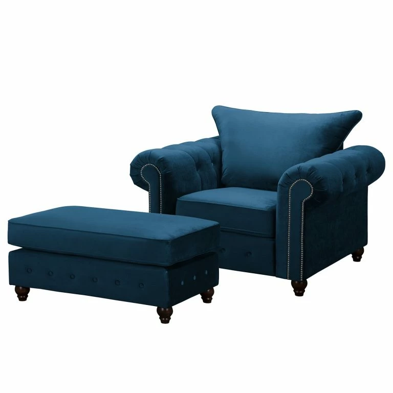 loftscape Jack & Alice Fauteuil Solita – Velours – Bleu foncé – Avec repose-pieds