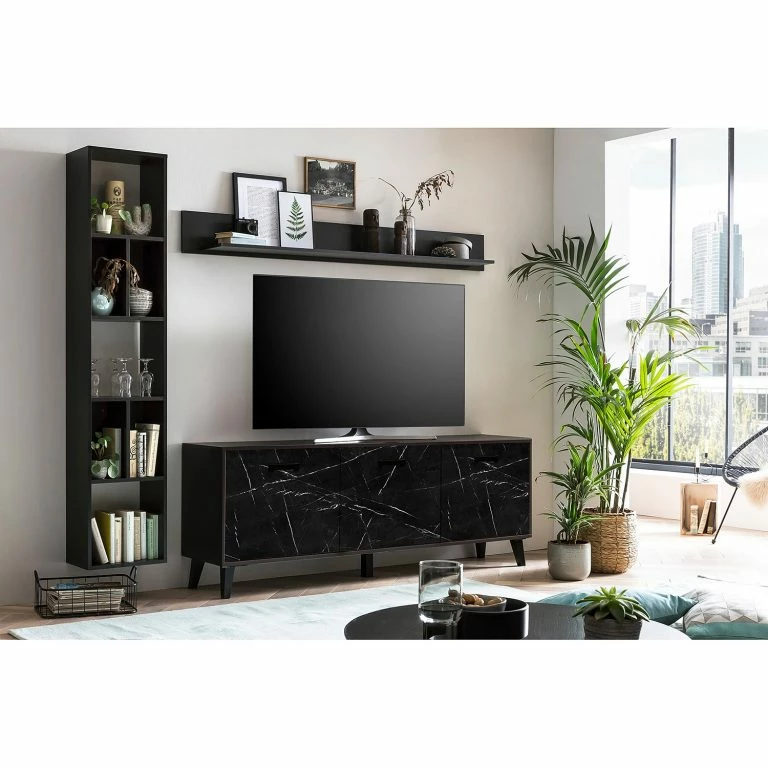 Loftscape Jack & Alice Meuble TV Fintel I – Imitation Marbre Noir / Noir