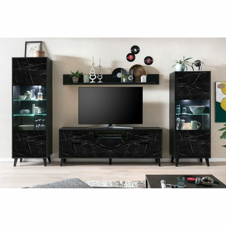 Loftscape Jack & Alice Meuble TV Fintel II – Imitation Marbre Noir / Noir