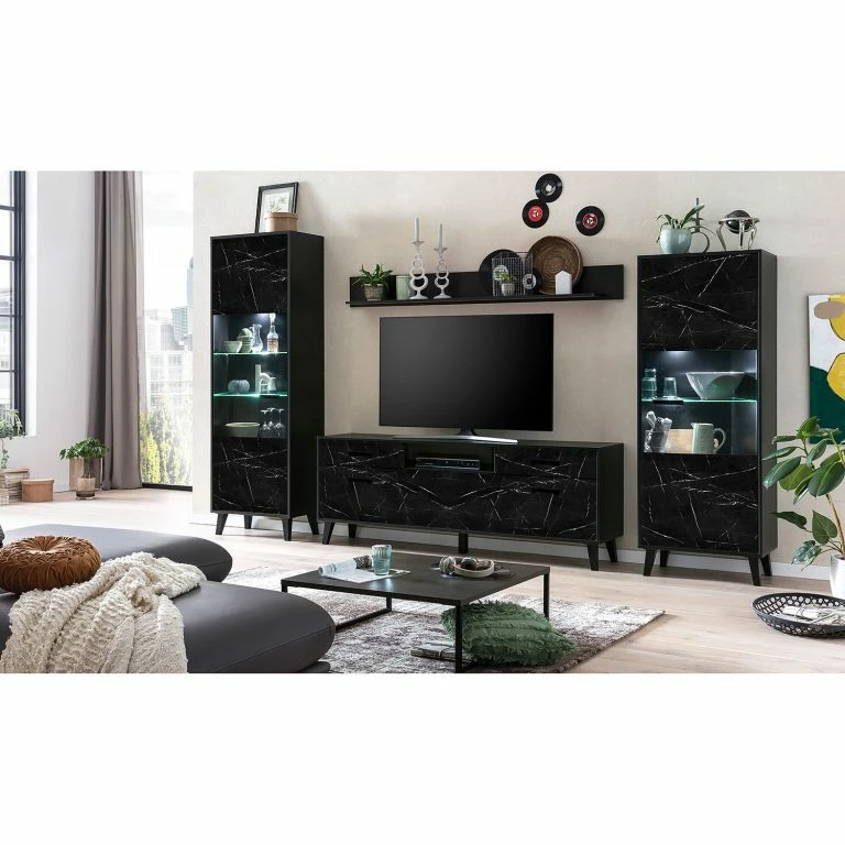 Loftscape Jack & Alice Meuble TV Fintel II – Imitation Marbre Noir / Noir
