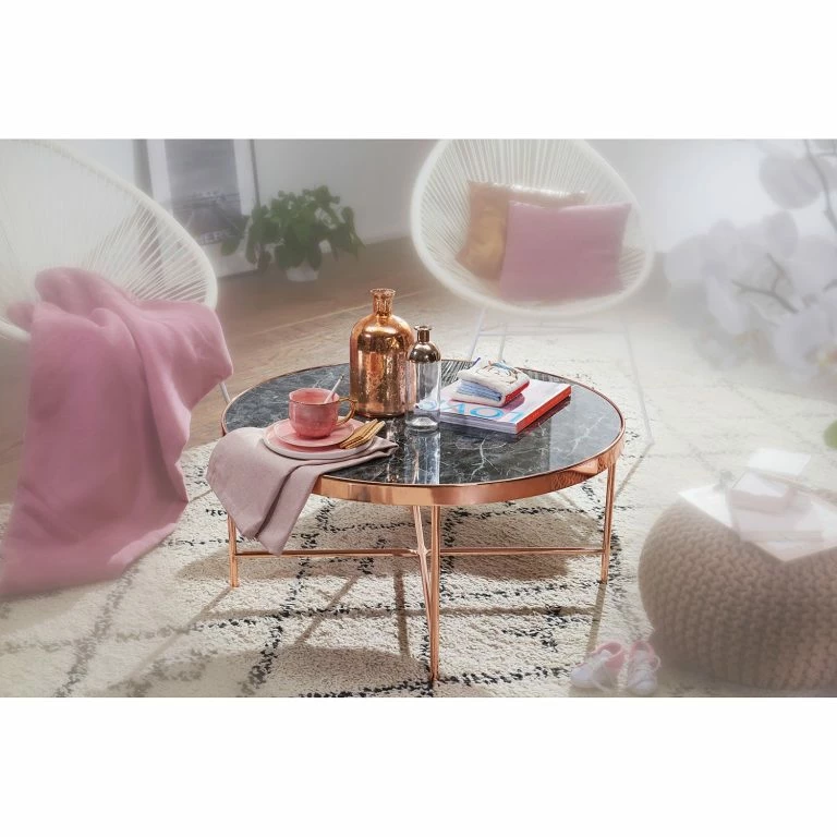 Loftscape Jack & Alice Table Basse Cushina – Verre / Métal – Imitation Marbre Noir / Cuivre