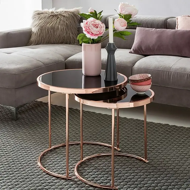 Loftscape Jack & Alice Tables Gigognes Cassapolis (lot De 2) – Verre / Métal – Noir / Cuivre